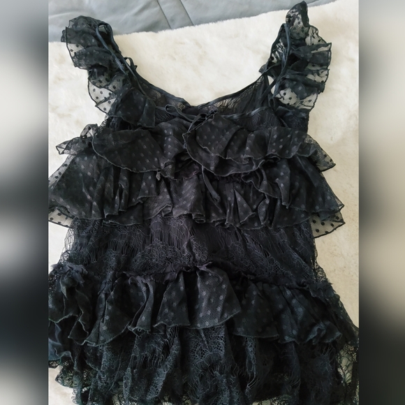 Amen Couture Black Polka Dot Tiered Mesh Lace Blouse - Picture 13 of 15